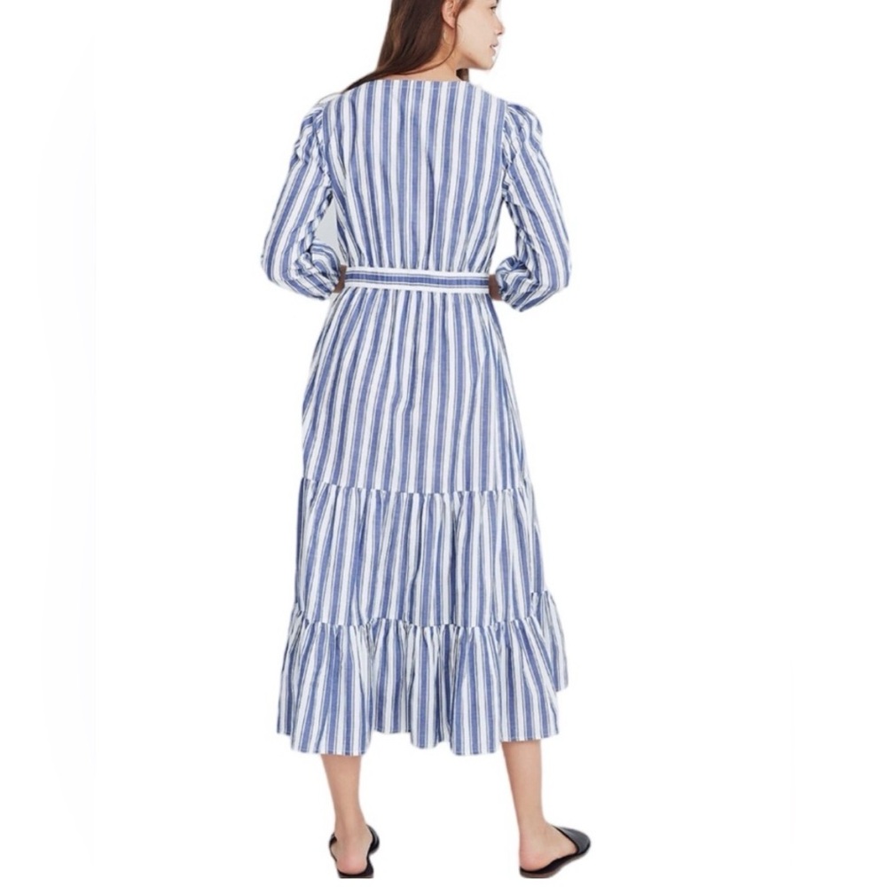 Madewell Midi Maxi Dress Size 14 Ava Blue White Striped Ruffle Tiered V Neck - Picture 4 of 16